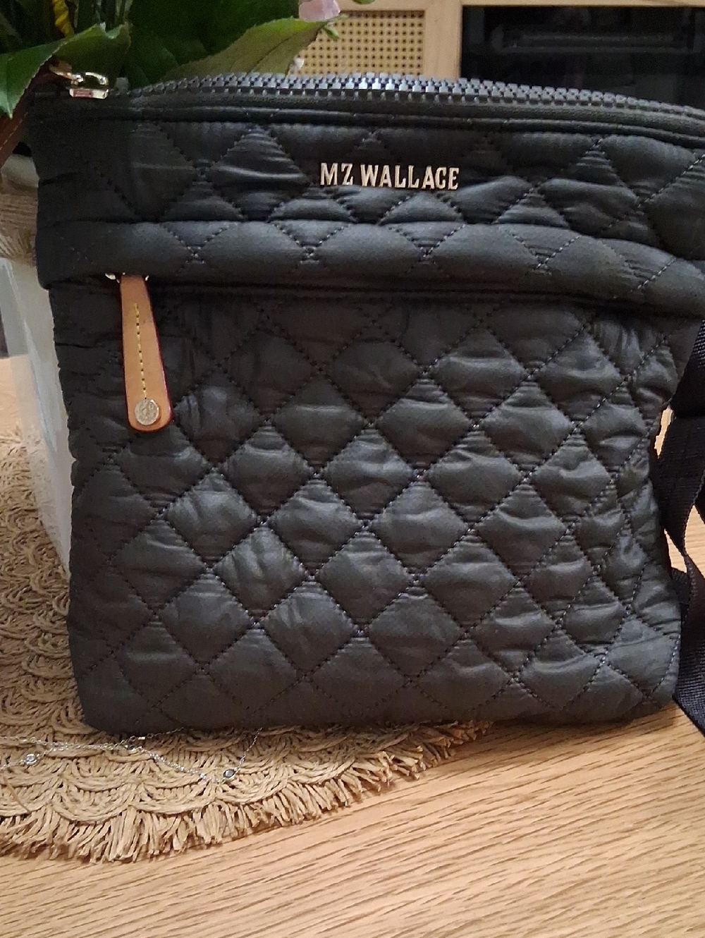 MZ Wallace Black Quilted Nylon Crossbody with Gold Logo